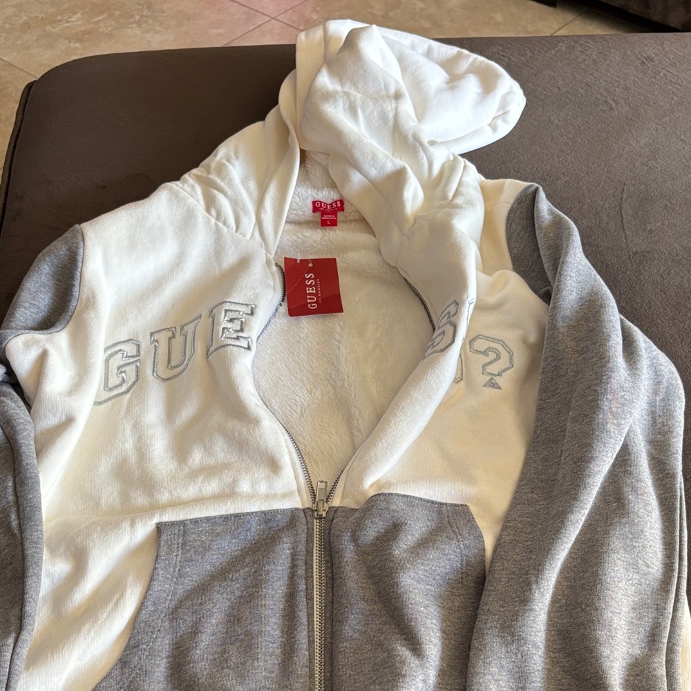 Guess White and Gray Zip-Up Hoodie